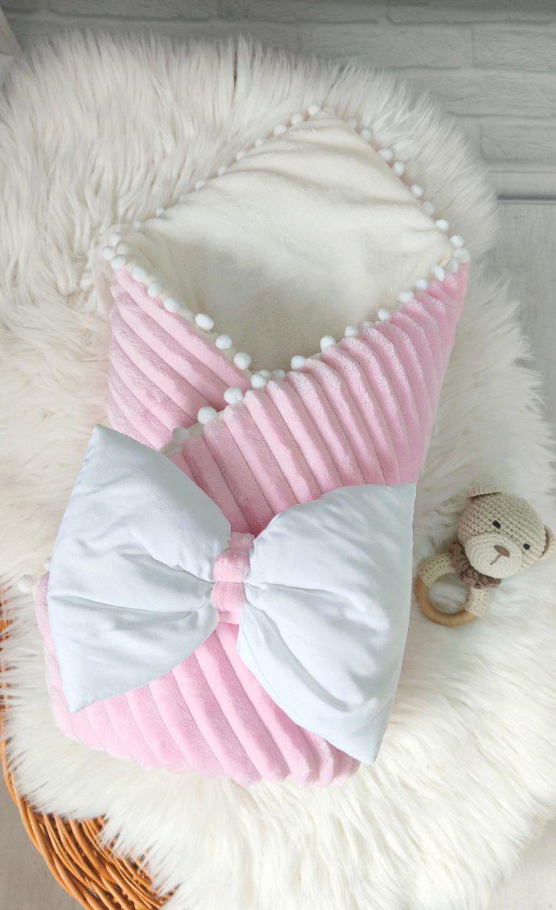 Конверт-одеяло на выписку/в кроватку/в коляску Шиншилка бант-резинка махра Розовый