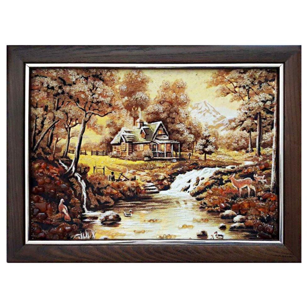 Картина Дом у реки из янтаря 20х30 см (К0114-20х30)