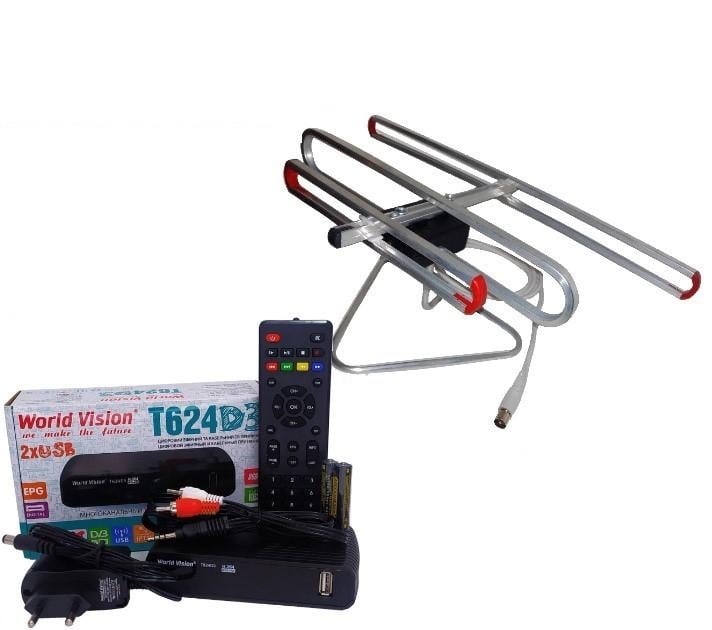 Тюнер WV World Vision T624D3+/антенна улучшенная комнатная с тв-кабелем