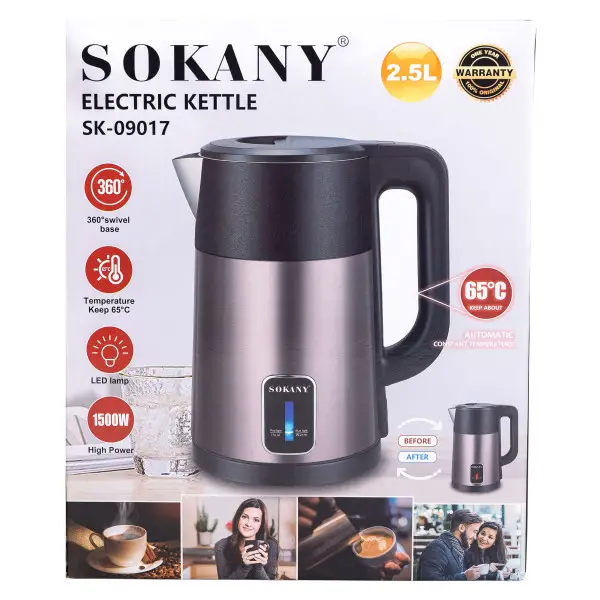 Електрочайник із підтримкою тепла Sokany SK-09017 із нержавіючої сталі 2,5 л 1500 Вт Чорний (147-107-SK-09017GR) - фото 8