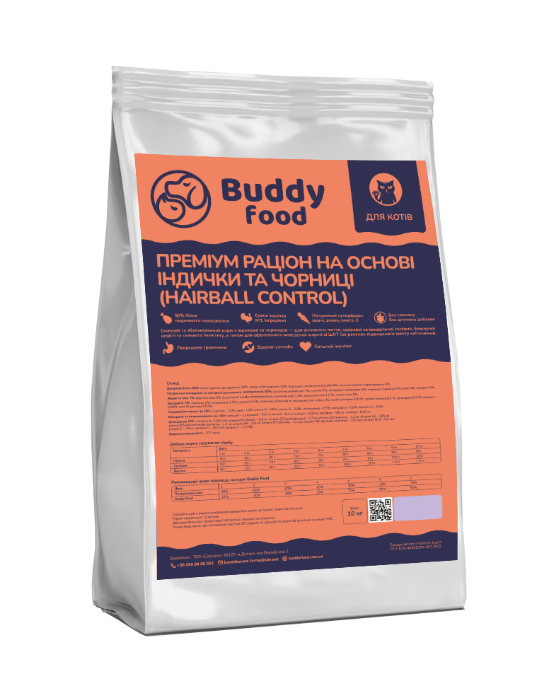 Корм для котів та кішок BuddyFood Hairball Control з індичкою та чорницею 10 кг (30834974)