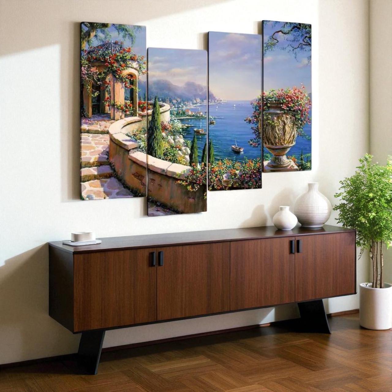 Модульная картина Студия Дерева Ольха Средиземноморский яркий пейзаж с морем и цветами 100х70см (443575637)