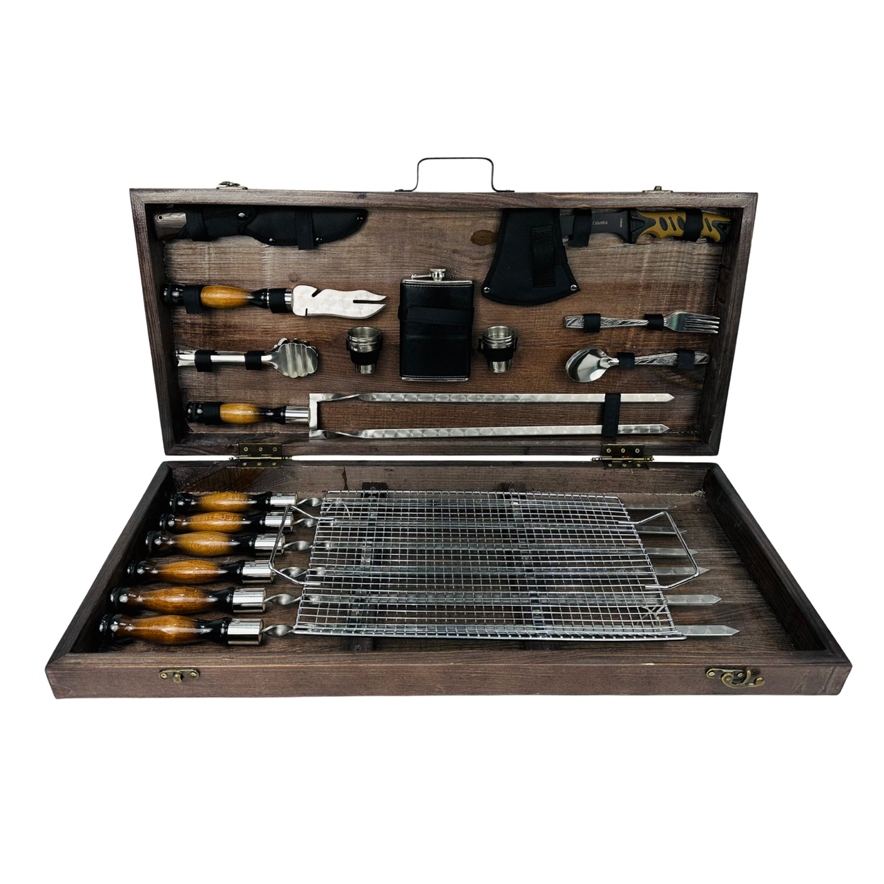 Набор шампуров Премиум из нержавеющей стали с аксессуарами в деревянном кейсе