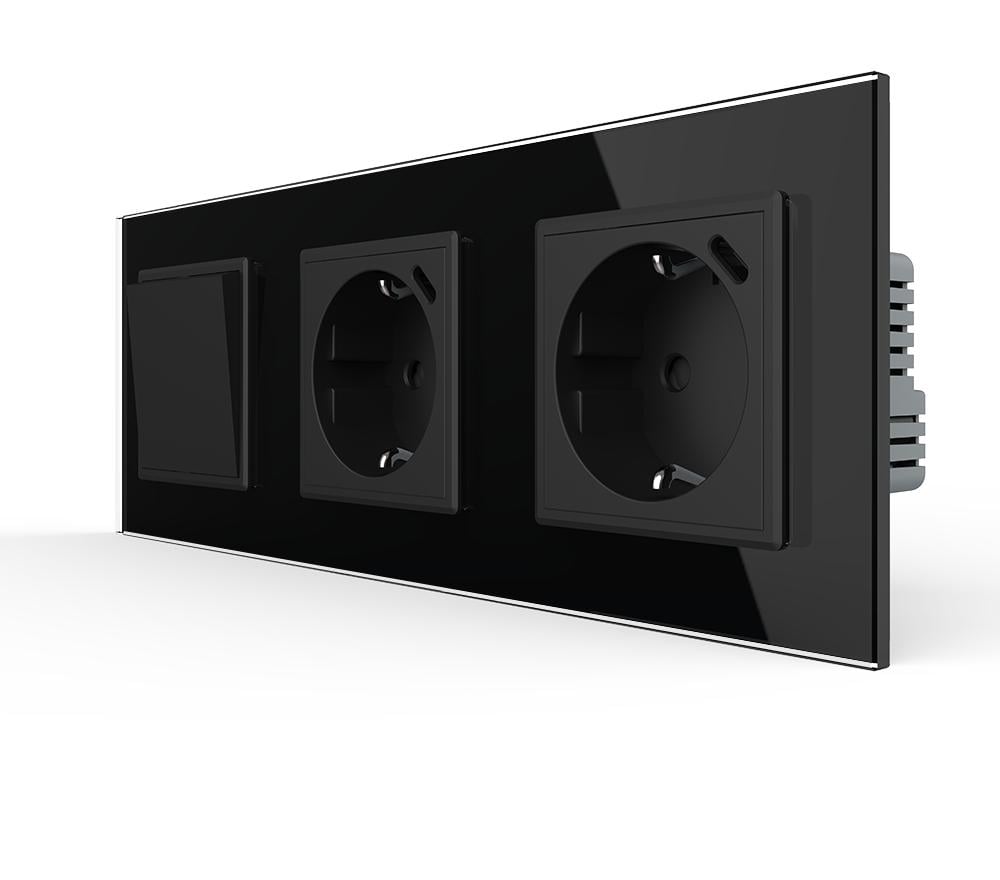 Выключатель перекрестный Livolo с двумя розетками USB Type-C 18Вт с заземлением/защитными шторками стекло Черный Выключатель перекрестный Livolo с двумя розетками USB Type-C 18Вт с заземлением/защитными шторками стекло Черный