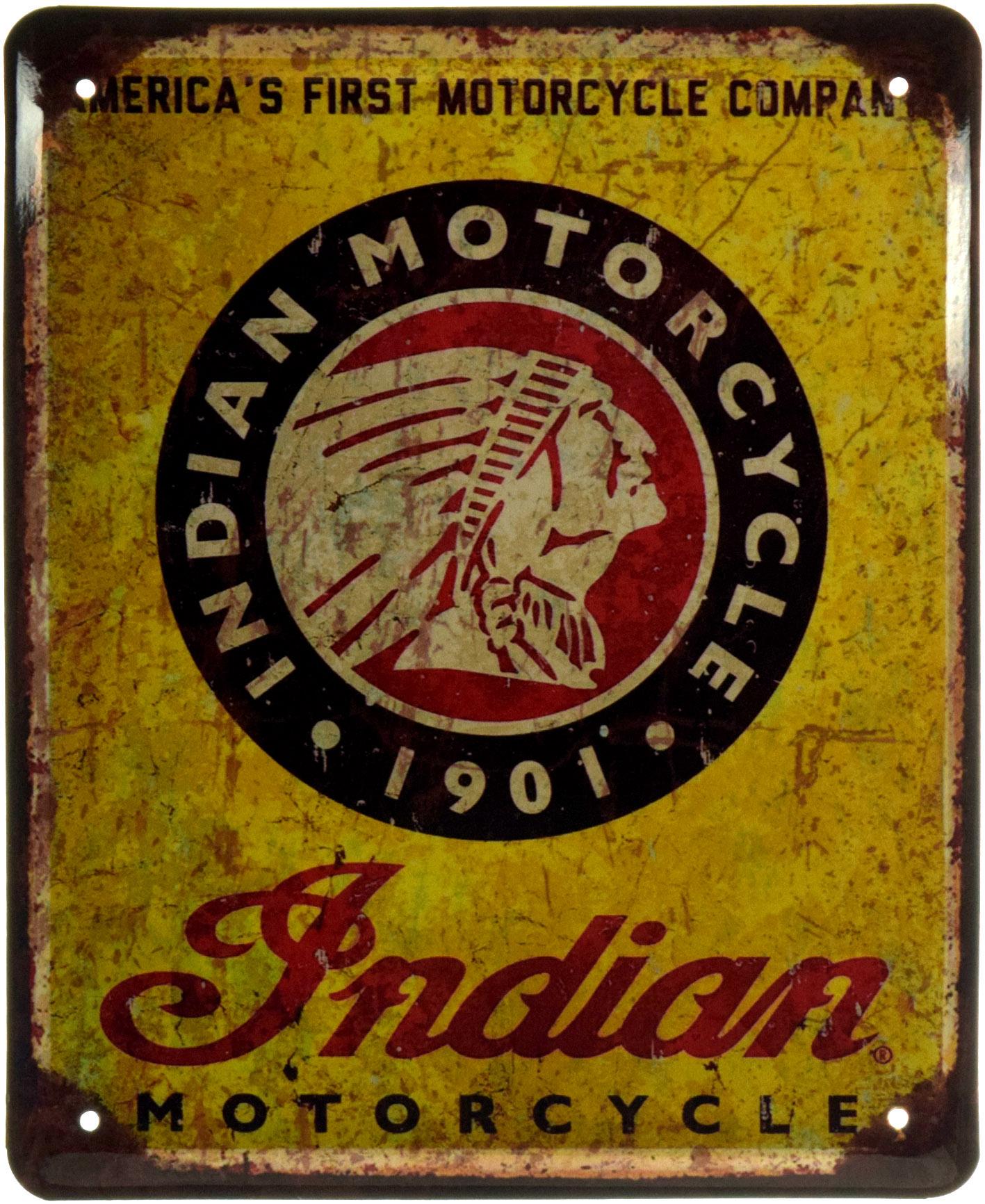 Табличка металлическая "America's First Motorcycle Company Indian Motorcycle" 18x22 см (ms-103662)