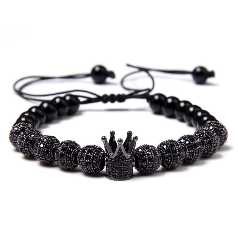 Браслет з агату з короною та кулями р. 16 Чорний (20033)