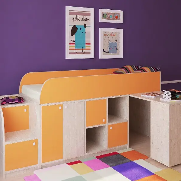 Кровать чердак DS-Astra mini 2 CNC с ящиками тумбой лестницей Orange