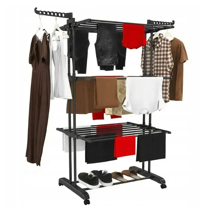 Сушилка для белья складная вертикальная 76х64х177 см 3 уровня/полка для обуви до 40 кг Черный