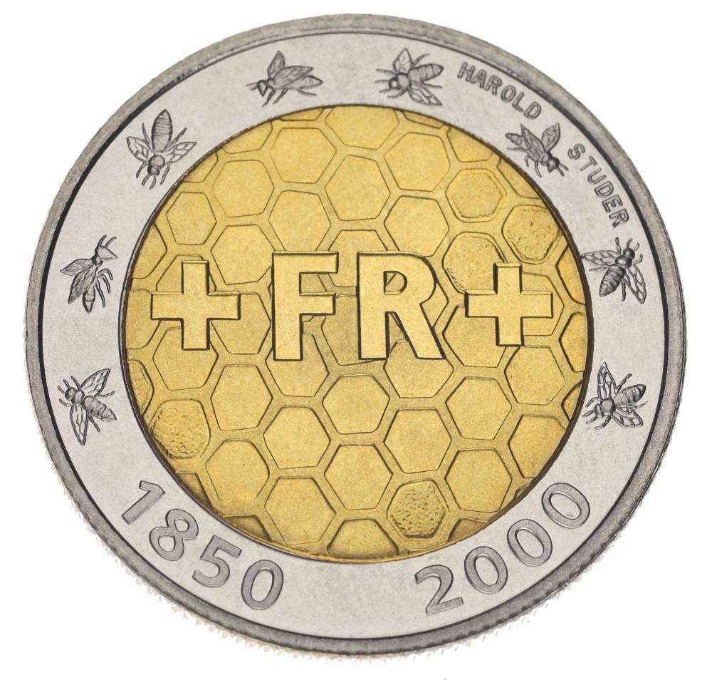Коллекционная монета Швейцария 5 франков 2000 Биметалл AU-UNC 150 лет Швейцарской национальной монетной системы Пчелы Мед (М16858)