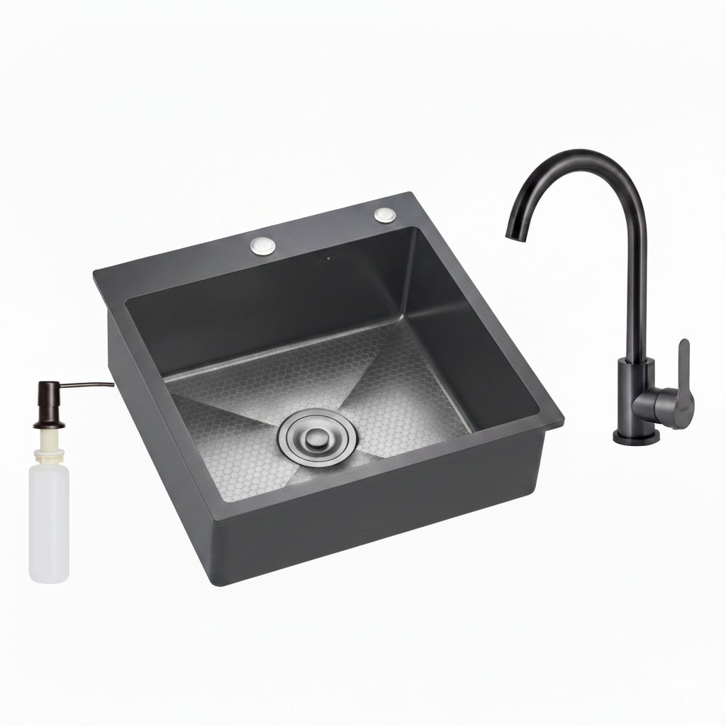 Мойка для кухни Lidz MP5050MDGB PVD Black Decor Honeycomb с дозатором для мыла и краном Черный/Графитный (MP5050MDGB)