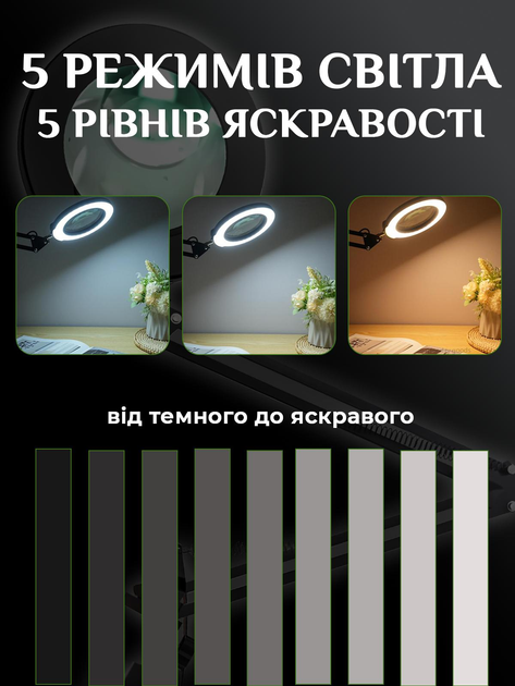 Лампа Лупа з лінзою 10х безтіньова настільна на струбцині з кріплення до столу металева 64 LED - фото 5 Лампа Лупа з лінзою 10х безтіньова настільна на струбцині з кріплення до столу металева 64 LED - фото 5