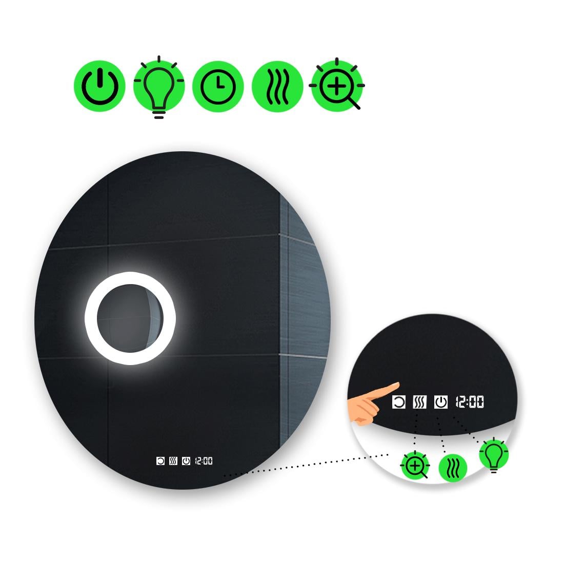 LED-зеркало 50x50 см с тремя сенсорами часами подогревом и линзой с подсветкой модель Adeo.