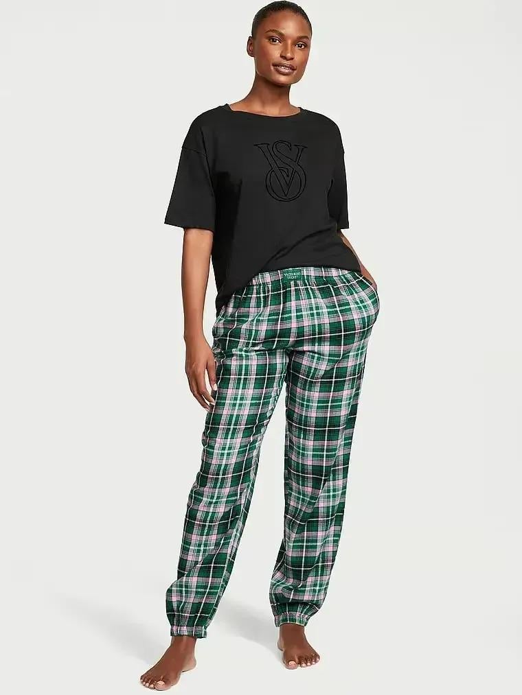 Пижама хлопковая Victoria's Secret Flannel Tee-Jama Set Regular S Черный (27178708D)