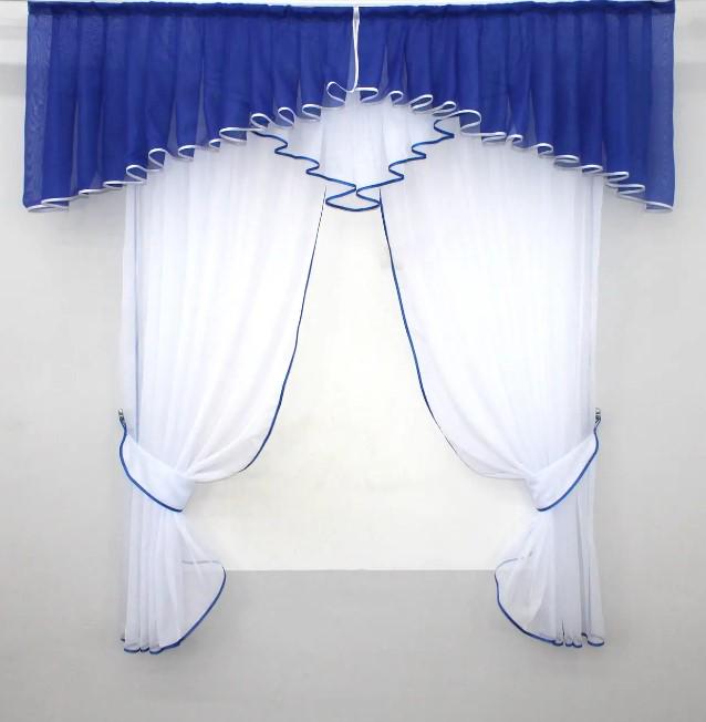 Комплект штор на кухню/балкон із ламбрекеном шифон 170х170 см Білий/Синій (103к) Комплект штор на кухню/балкон із ламбрекеном шифон 170х170 см Білий/Синій (103к)