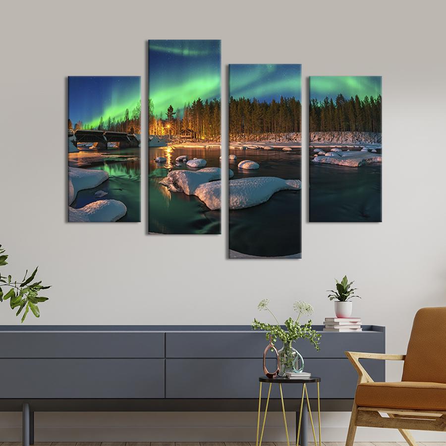 Модульная картина из четырех частей на холсте интерьерная картина Захватывающее полярное сияние 89x56 см (610-42)