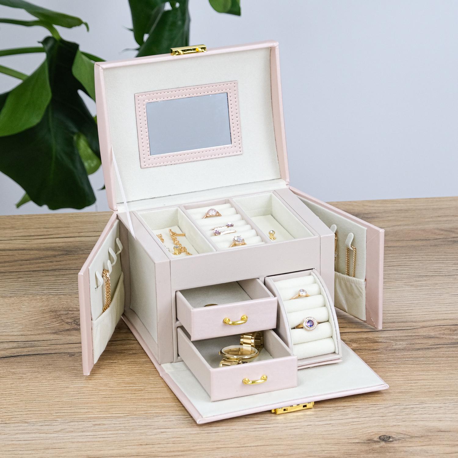 Шкатулка для украшений Гранд Презент с зеркалом и боковыми окошками 17,5х14х13 см Пудровый (JZ-010-1)