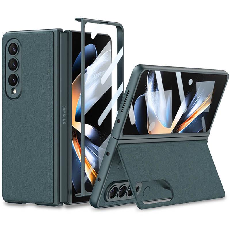 Противоударный кожаный чехол GKK 360 + Glass с подставкой для Samsung Galaxy Z Fold4 Grey/Green