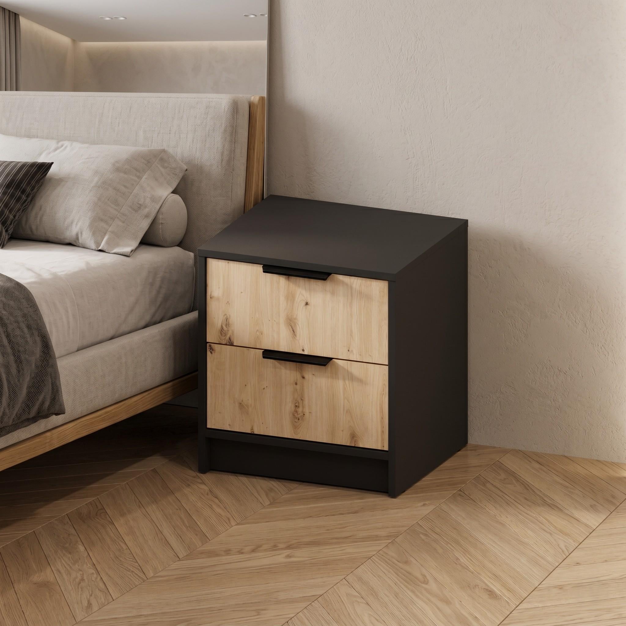 Тумба прикроватная Gylka Riva Night на 2 ящика с черными металлическими ручками 450x400x500 мм Дуб Артизан/Антрацит (Riva Night DA/AN)