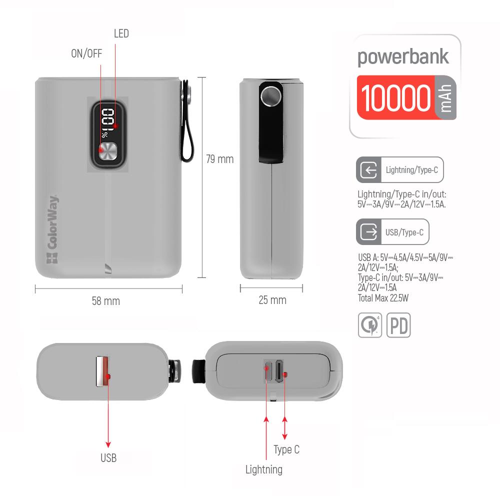 Повербанк ColorWay Full power USB QC3.0/USB-C Power Delivery 22,5W 10000 mAh White (CW-PB100LPK2WT-PDD) - фото 4