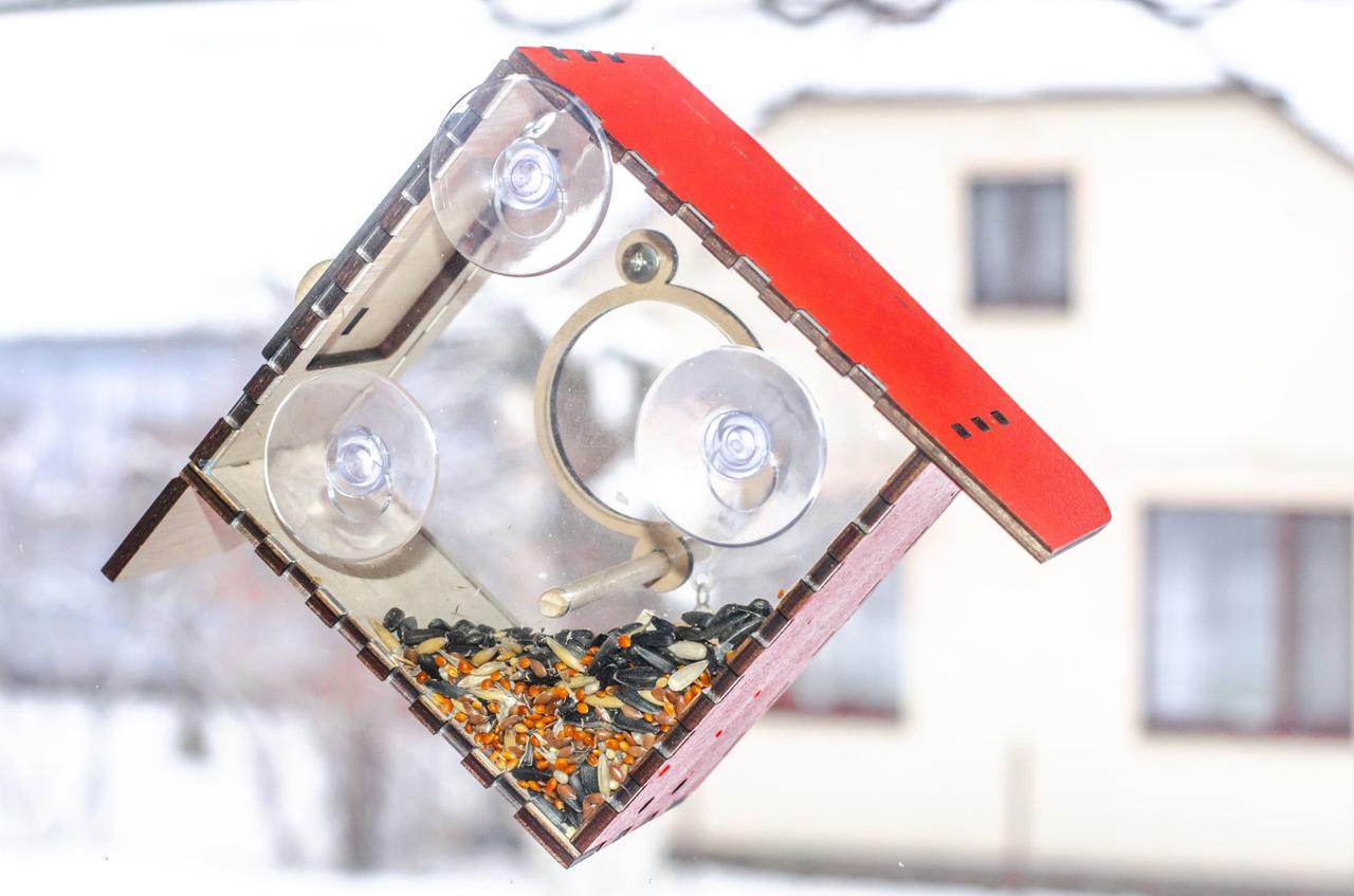 Кормушка для птиц на присосках на окно Колокольчик 11,5х11,5 см Красный - фото 3 Кормушка для птиц на присосках на окно Колокольчик 11,5х11,5 см Красный - фото 3