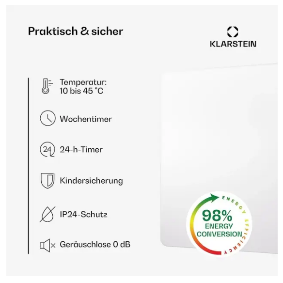 Инфракрасный настенный обогреватель KLARSTEIN Wonderbeam 450 Вт для дома (10045437) - фото 3