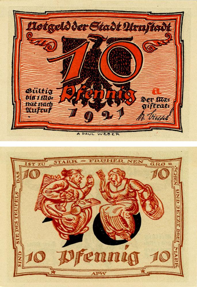 Коллекционная банкнота Германия Нотгельд 10 пфеннигов 1921 F-VF Арнштадт. Серия a Разновидность (Б16140)