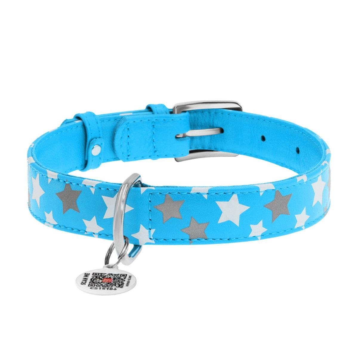 Ошейник для собак кожаный Waudog Glamour Звездочка с QR паспортом/светонакопительный/светоотражающий L 25 мм х 38-49 см Голубой (35872 Col)