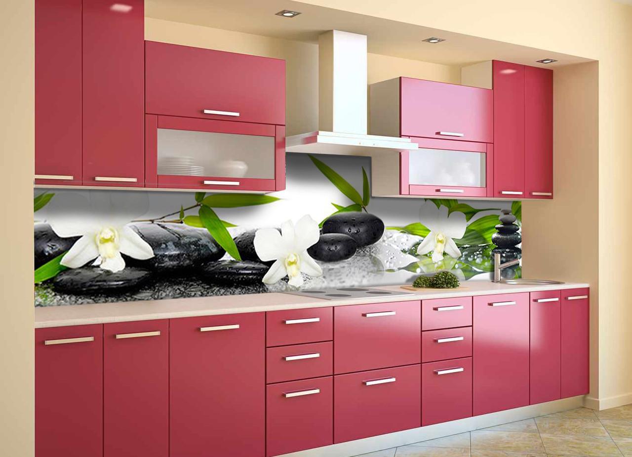 Кухонный фартук Белые орхидеи и камни из самоклеющейся виниловой пленки 60х250 см Зеленый