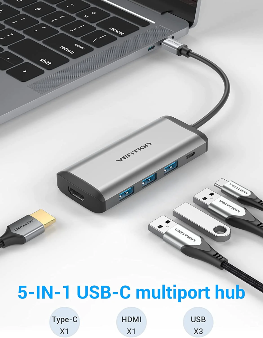 Перехідник-конвертер Vention Type-C-HDMI USB3.0х3/PD USB Type-C 0,15 м (CNBHB) - фото 2