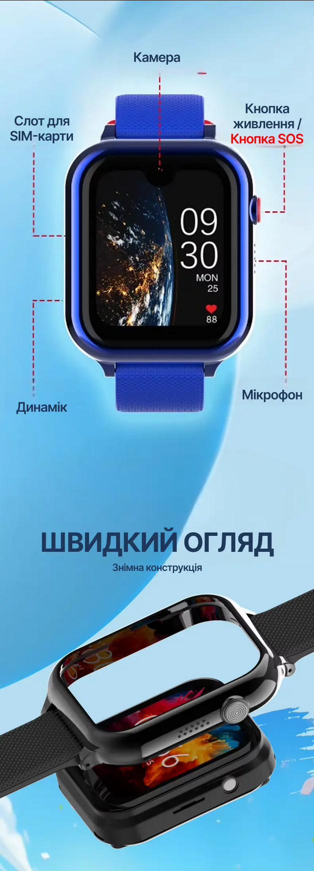 Смарт-годинник з GPS для дітей Wonlex KT38 AMOLED 16GB Blue — фото 7