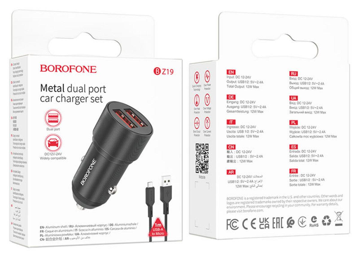 Зарядное устройство автомобильное Borofone BZ19 Wisdom dual port car charger set Micro Black (BZ19MB) - фото 3