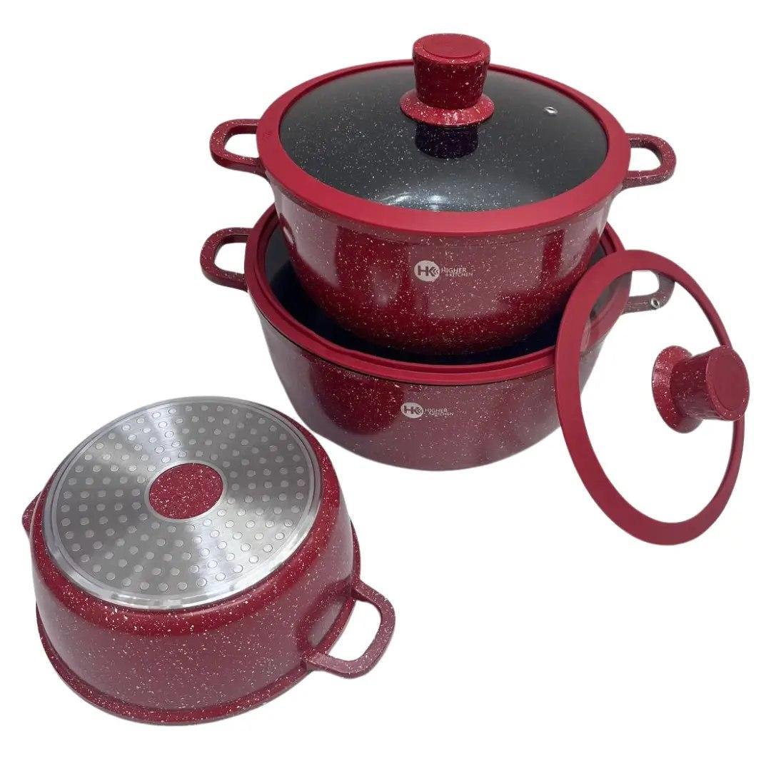 Набір каструль з кришками Higher Kitchen HK 325 із гранітним антипригарним покриттям 8 предметів 20/24/28 см Червоний (325АА) - фото 5 Набір каструль з кришками Higher Kitchen HK 325 із гранітним антипригарним покриттям 8 предметів 20/24/28 см Червоний (325АА) - фото 5