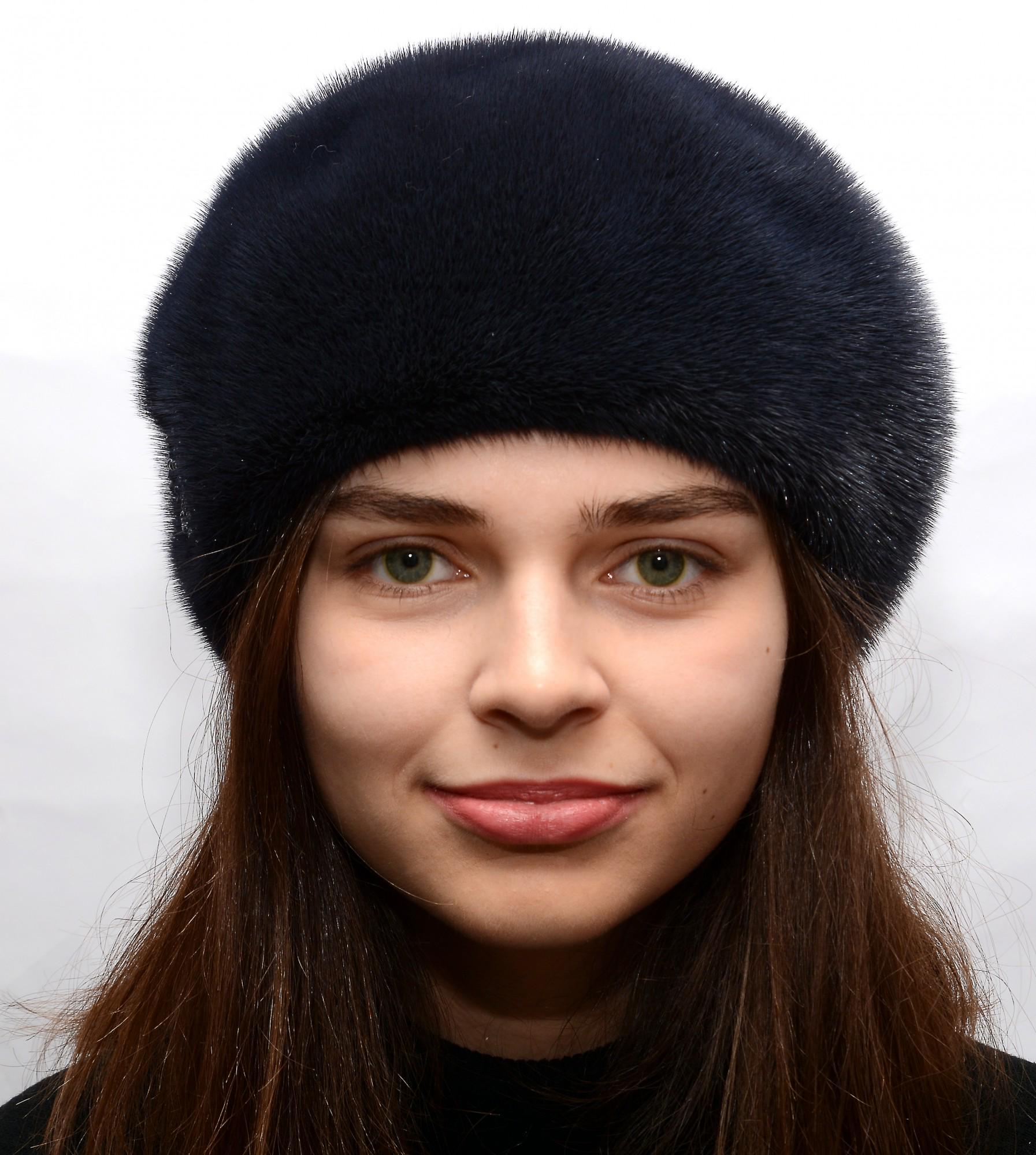 Женский берет Меховой стиль Классический из натурального меха норки XL-XXL Темно-синий (024/H)