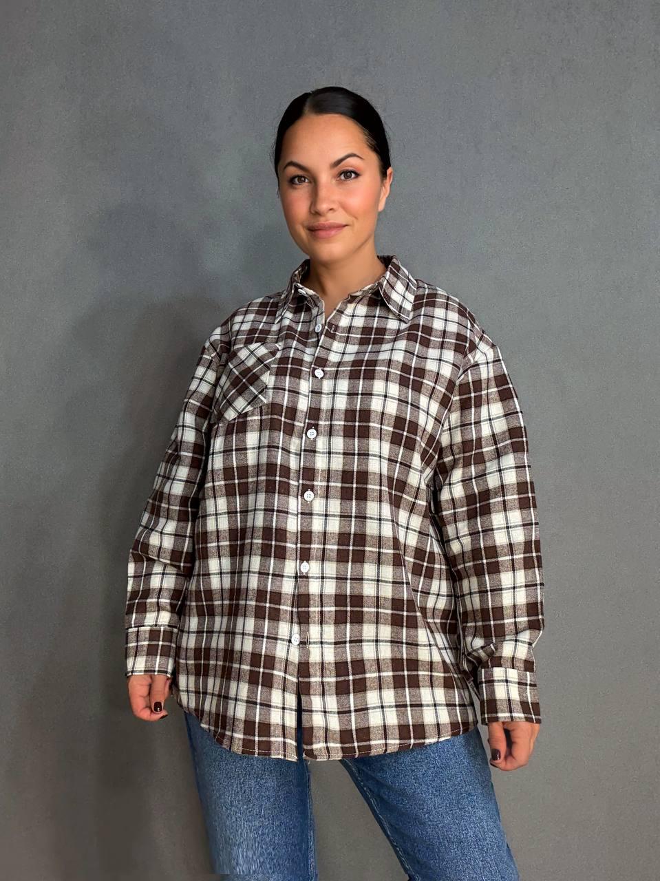 Сорочка жіноча Baoyu 225-1 в клітинку оверсайз фланель OS Світло-коричневий (4764) - фото 9