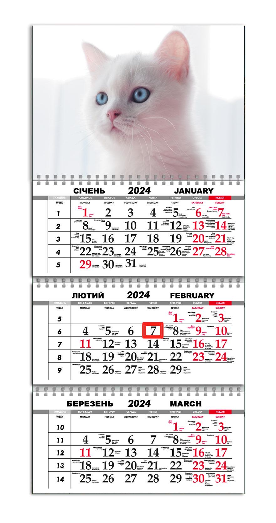 Календарь APRIORI квартальный на 2024 год Кот 30х61 см (UA1031)