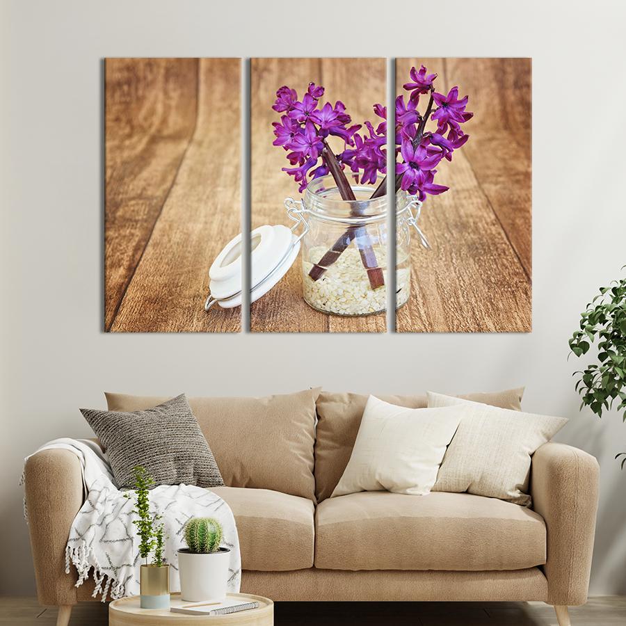 Картина на холсте триптих Фиолетовые гиацинты в банке 78x48 см (885-31)