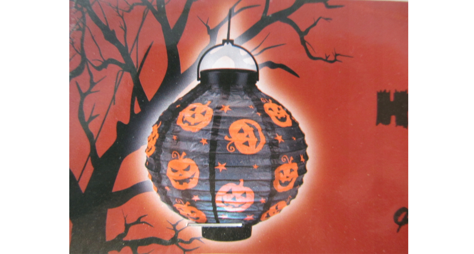 Світильник-ліхтарик Halloween паперовий з LED Гарбузи тлі 20 см на батарейках on/off з гачком Чорний (500140)