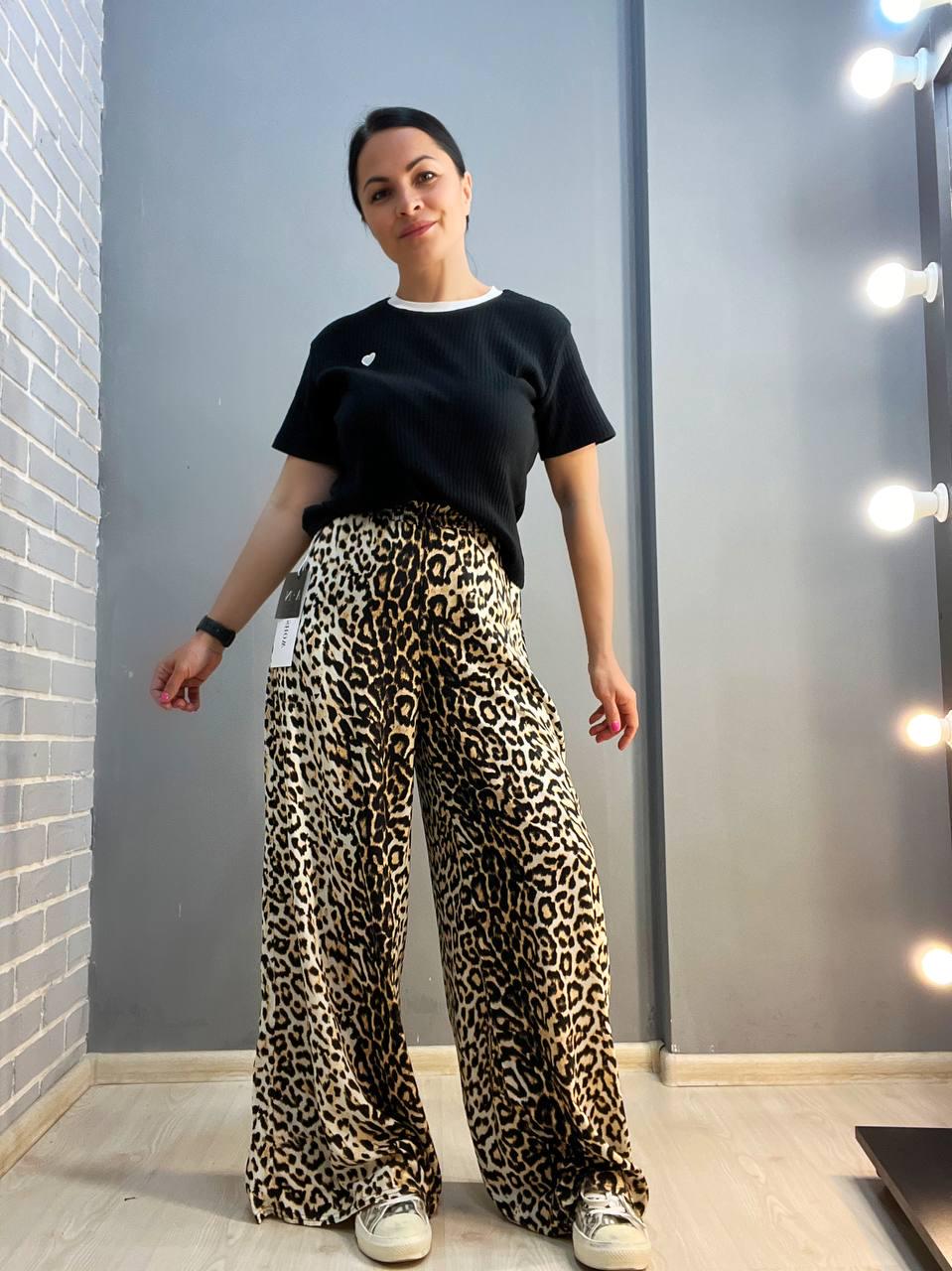Брюки женские Irel 2080 пояс резинка леопардовый принт широкие палаццо OS Коричневый (2102) - фото 5