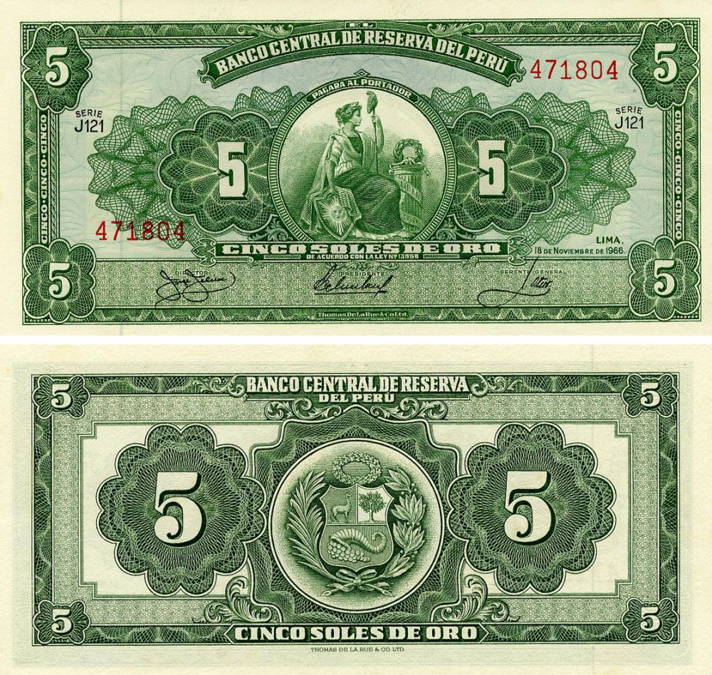 Коллекционная банкнота Перу 5 солей 1966 AU-UNC (P83)