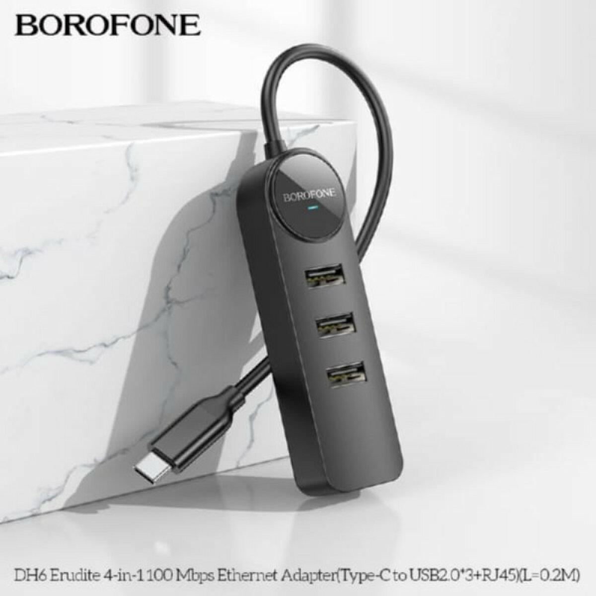 Адаптер Borofone DH6 HUB Erudite 4в1 Gigabit Ethernet Type-C to USB2.0 L 20 см Black (602988) - фото 5