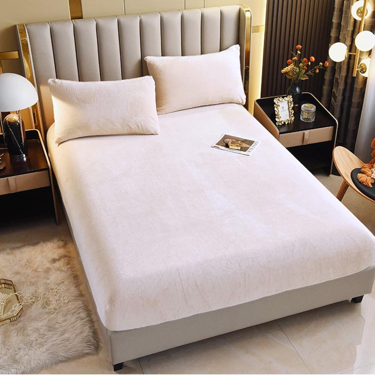 Простынь велюровая на резинке Koloco 180х200/25 см и 2 наволочки 50х70 см Молочный (41999)