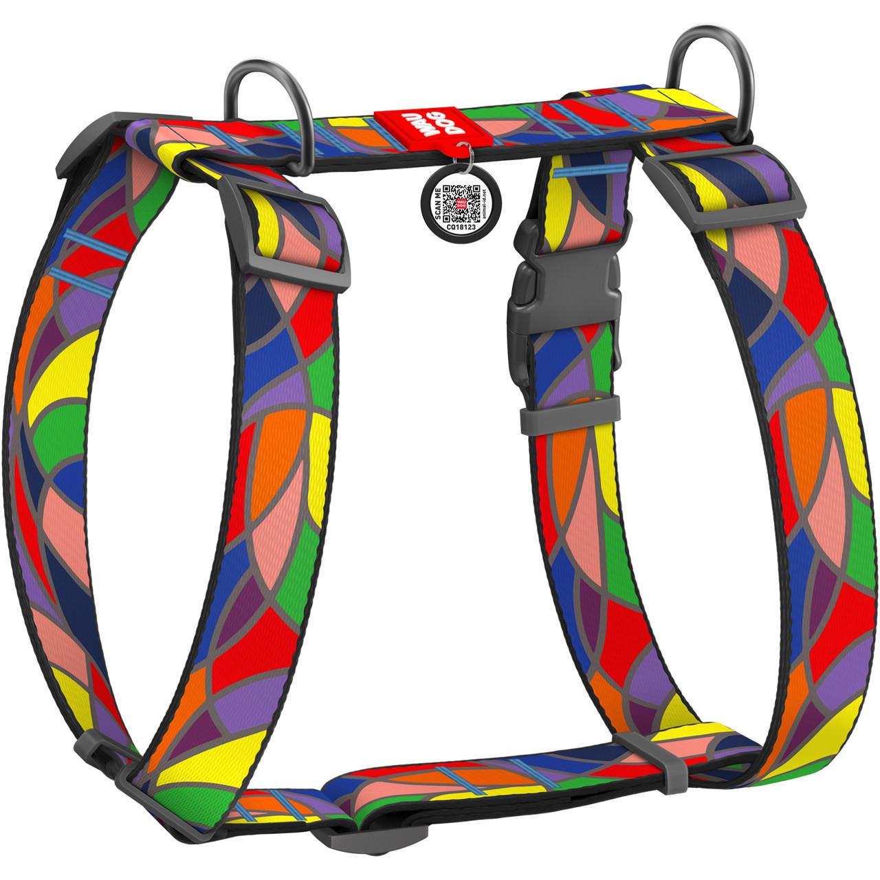 Шлей для собак анатомический H-образный Waudog Nylon с QR паспортом Витраж пластиковый фастекс XL (323-0051)