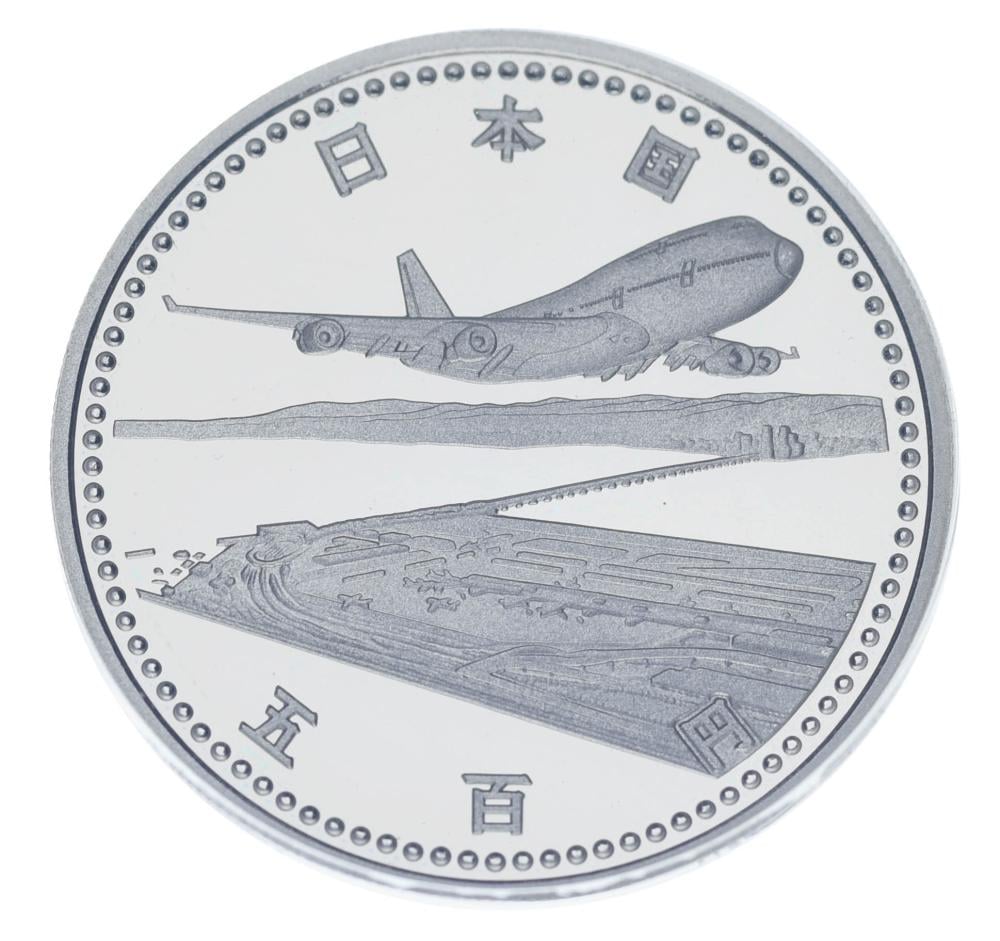 Коллекционная монета Япония 500 иен 1994 Proof Самолет - Открытие международного аэропорта Кансай (М24677)