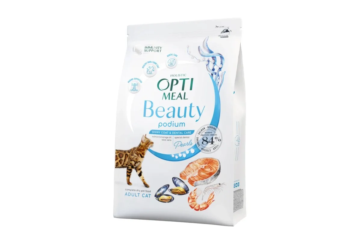Сухий корм з морепродуктами Optimeal Beauty Podium Shiny Coat&Dental Care для дорослих кішок 4 кг