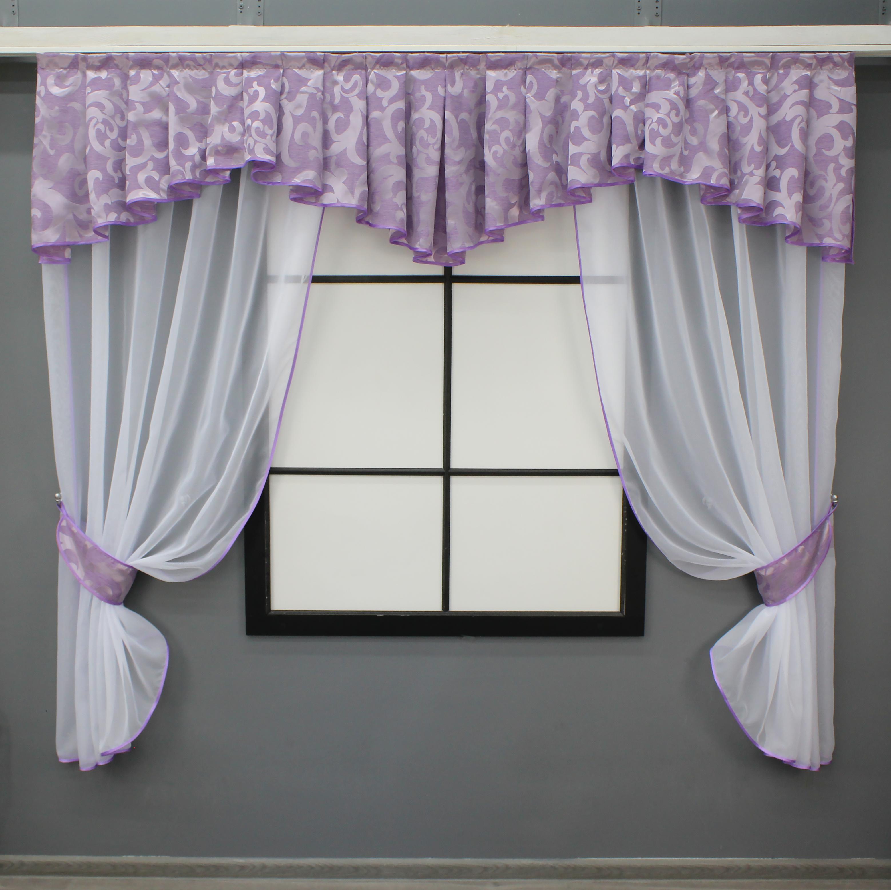 Комплект штор VR-Textil №087к шторки з ламбрекеном 200х170 см Білий з бузковим (52-0995) Комплект штор VR-Textil №087к шторки з ламбрекеном 200х170 см Білий з бузковим (52-0995)