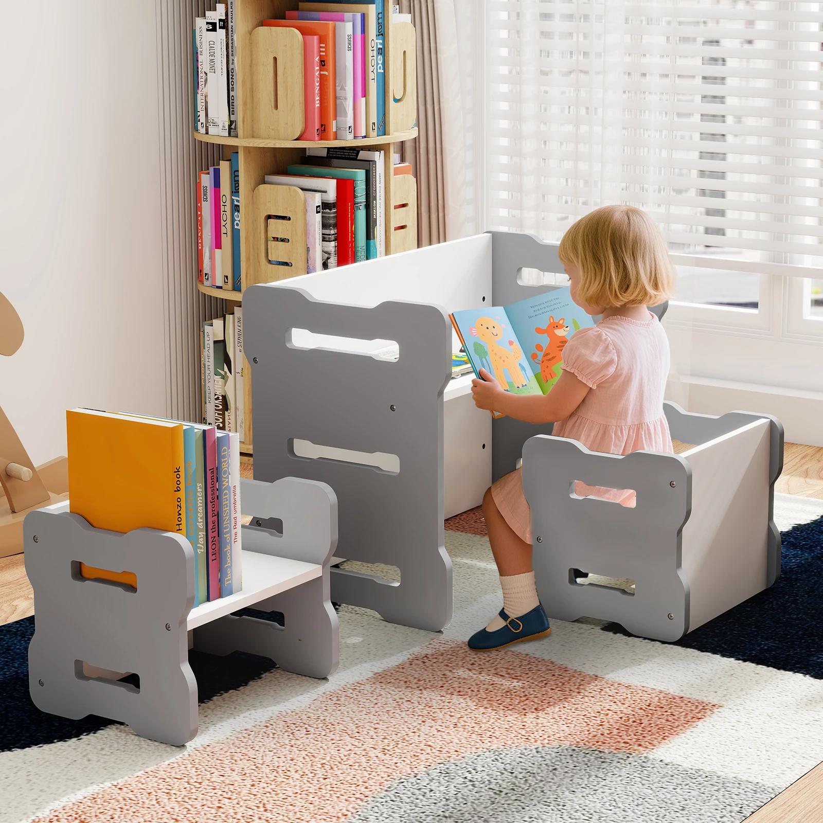 Набір дитячий Costway Montessori зі столиком і 4 трансформованими стільчиками-контейнерами Сірий (COSTWAY-KIDS-0796)