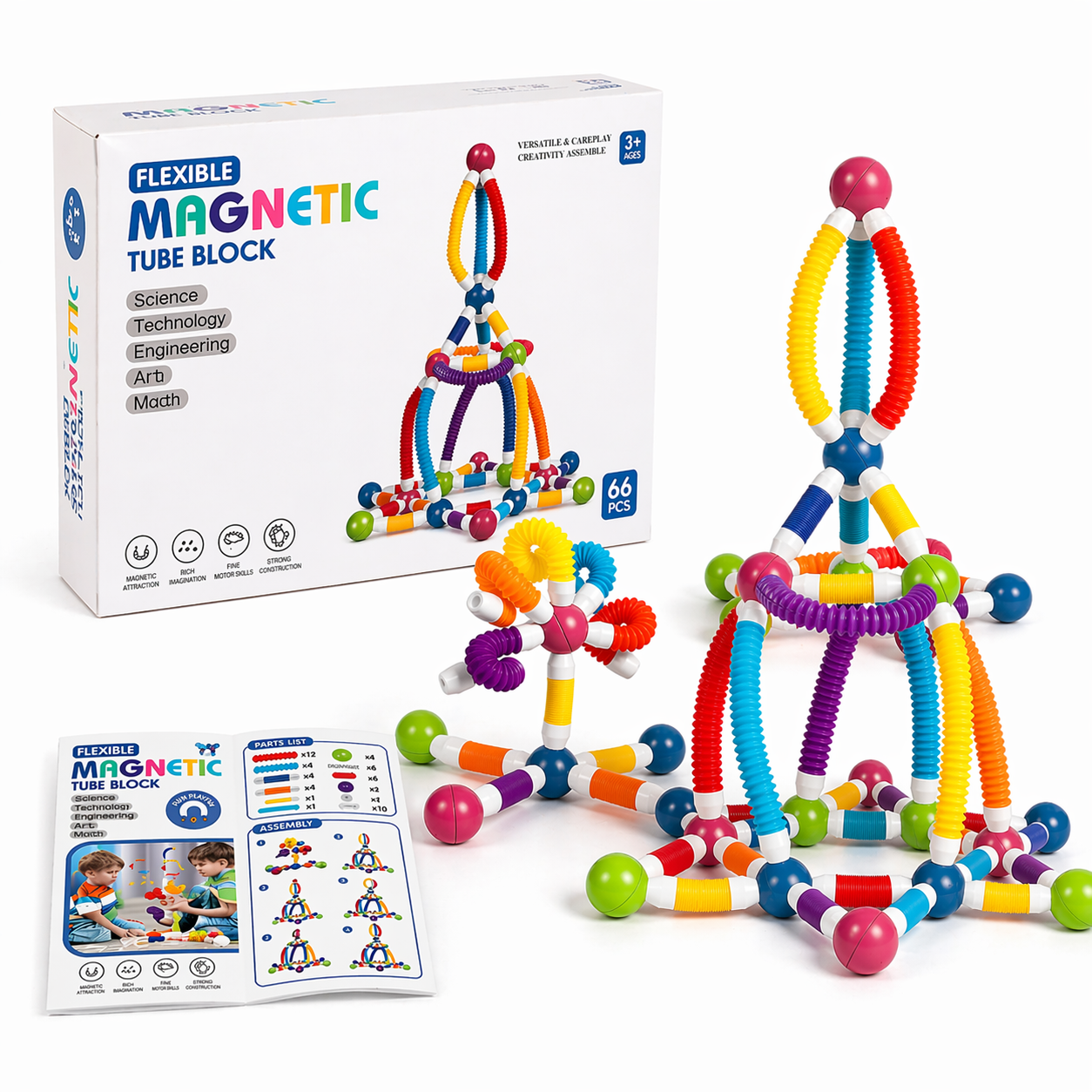 Конструктор магнитный детский 3D Magnetic Sticks 66 палочки и шарики (MAGGNU-1453)