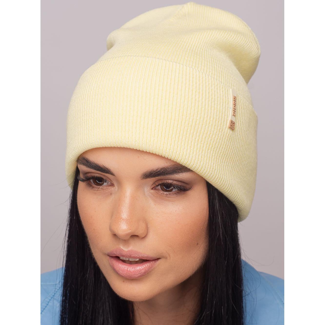 Шапка женская Leks Марафон двойная в тонкий рубчик с отворотом OneSize светло-желтый (123069)