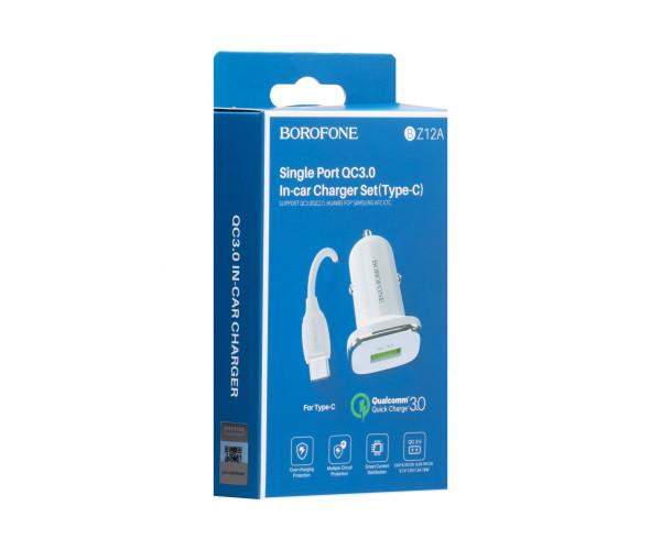 Устройство зарядное автомобильное Borofone BZ12A USB QC 3.0 3A cable Type-C 1m White - фото 2