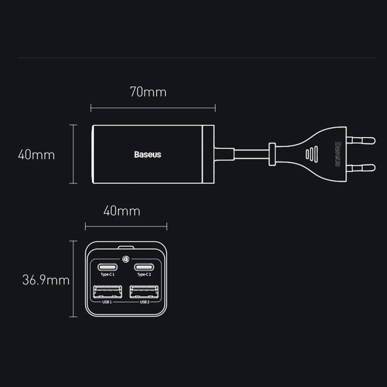 Зарядное устройство Baseus 65W GaN3 Pro Desktop Fast Charger QC4.0+PD3.0 2USB+2Type-C 3A с кабелем Baseus Type-C to Type-C 100W 20V/5A 1 м Black (CCGP040101) - фото 10